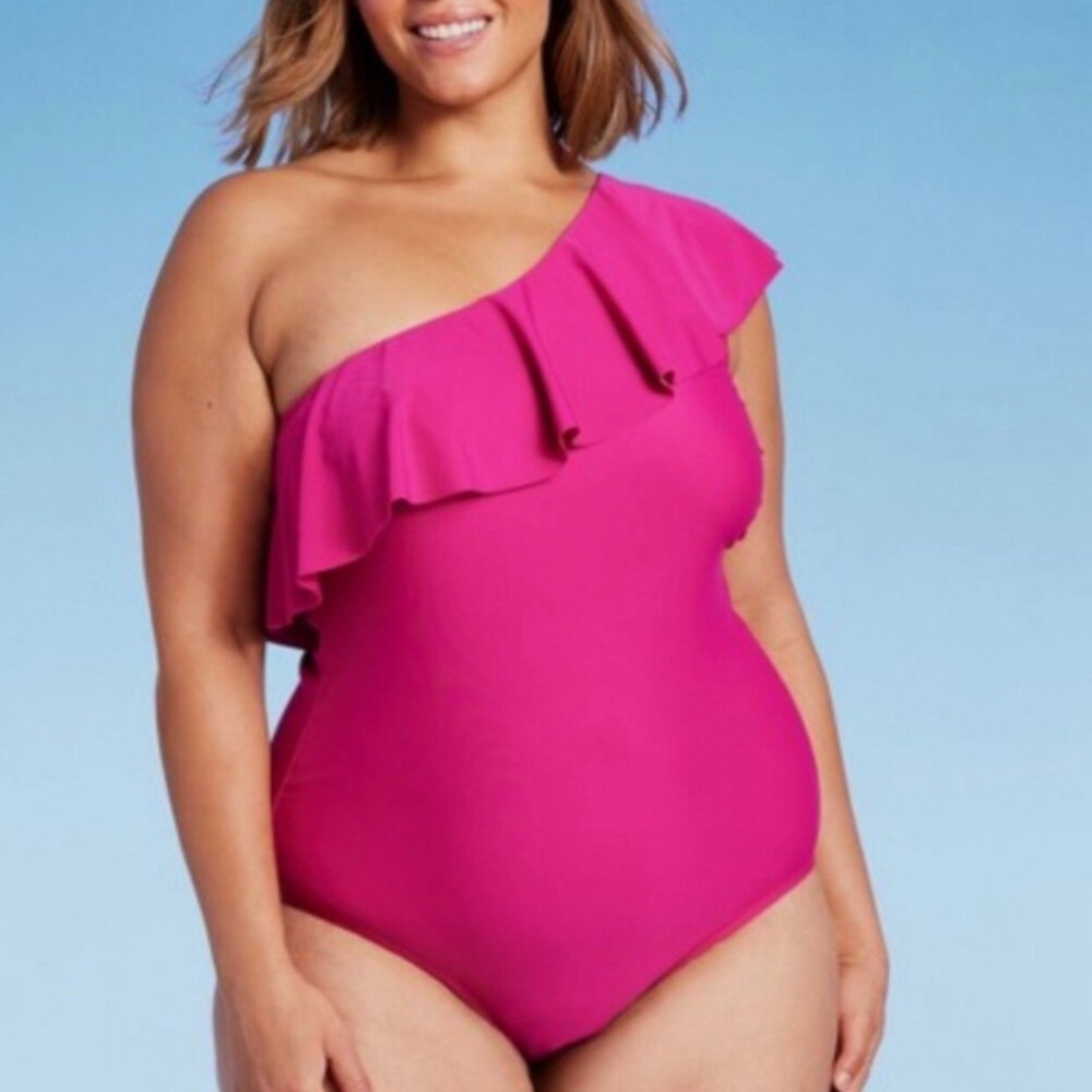 Kona Sol Hot Pink Ruffle One Shoulder One Piece Swimsuit Plus Size 16/17/22 NEW